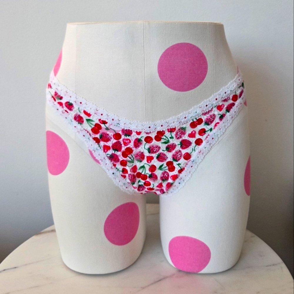 Victoria's Secret Pink Micro Thong Wink Panty NWT Strappy Lace Cherry Hearts